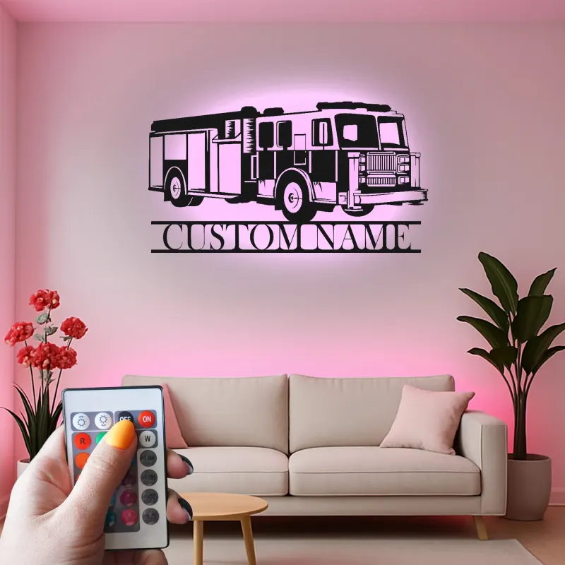 Insegna in metallo personalizzata con autopompa | Decorazione murale LED per vigili del fuoco | Decorazione su misura con nome per caserma | Regalo per pompiere