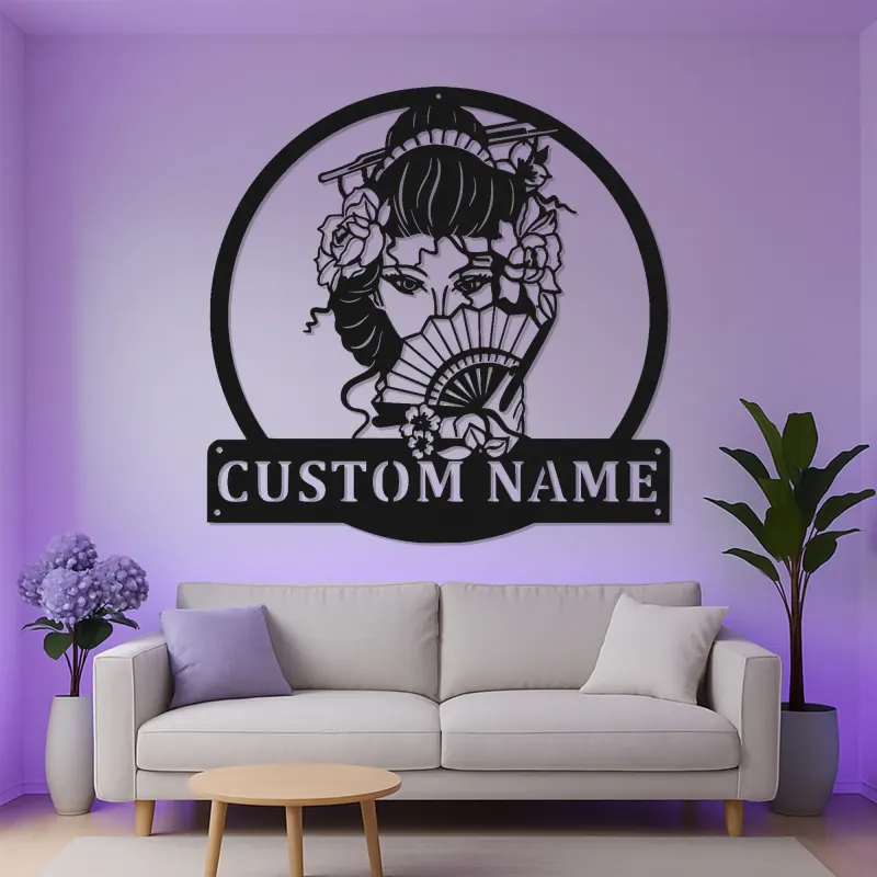 Cartel LED geisha personalizado | Decoración mural de metal japonesa personalizada | Decoración para salón y dormitorio zen