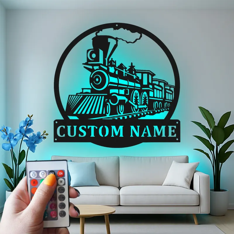 Custom Train Locomotive Led Light Metal Wall Art Personalized Gift for Train Enthusiasts Kids Room Decor 1