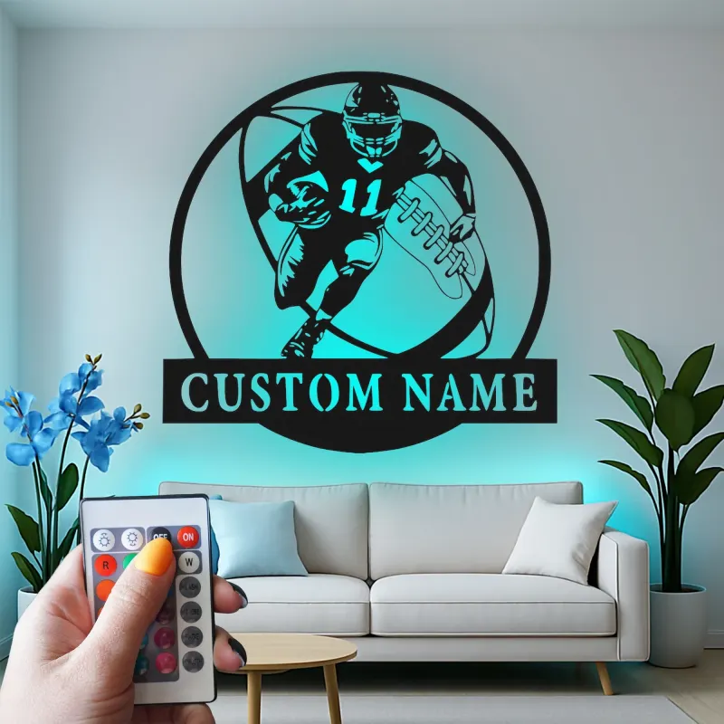 Insegna in metallo personalizzata per giocatore di football | Arte murale LED personalizzata | Decorazione con nome atleta per man cave e regalo per tifosi