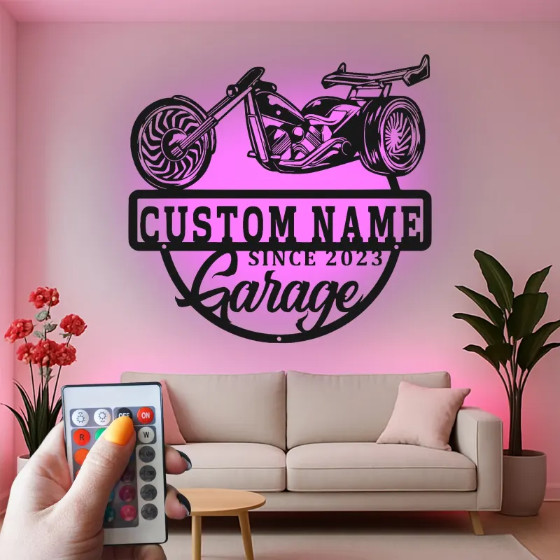 Décoration murale en métal LED personnalisée pour garage de moto - Cadeau personnalisé pour motards, décoration de man cave ou de garage