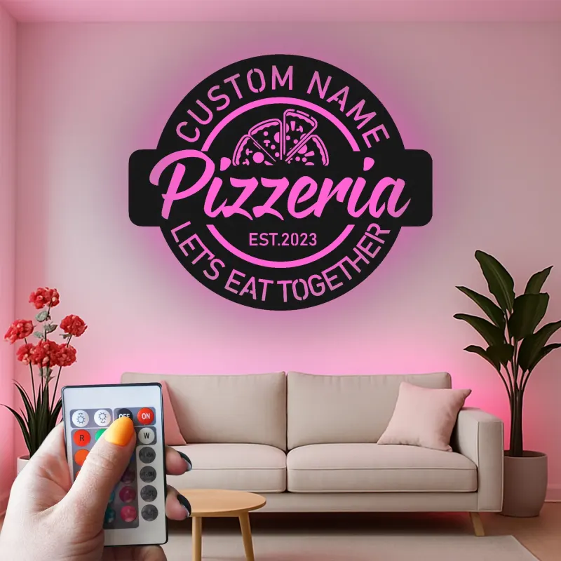 Personalized Pizzeria Sign | Custom 3D Metal Wall Art | Retro Restaurant & Kitchen Decor | Backlit LED Logo for Business