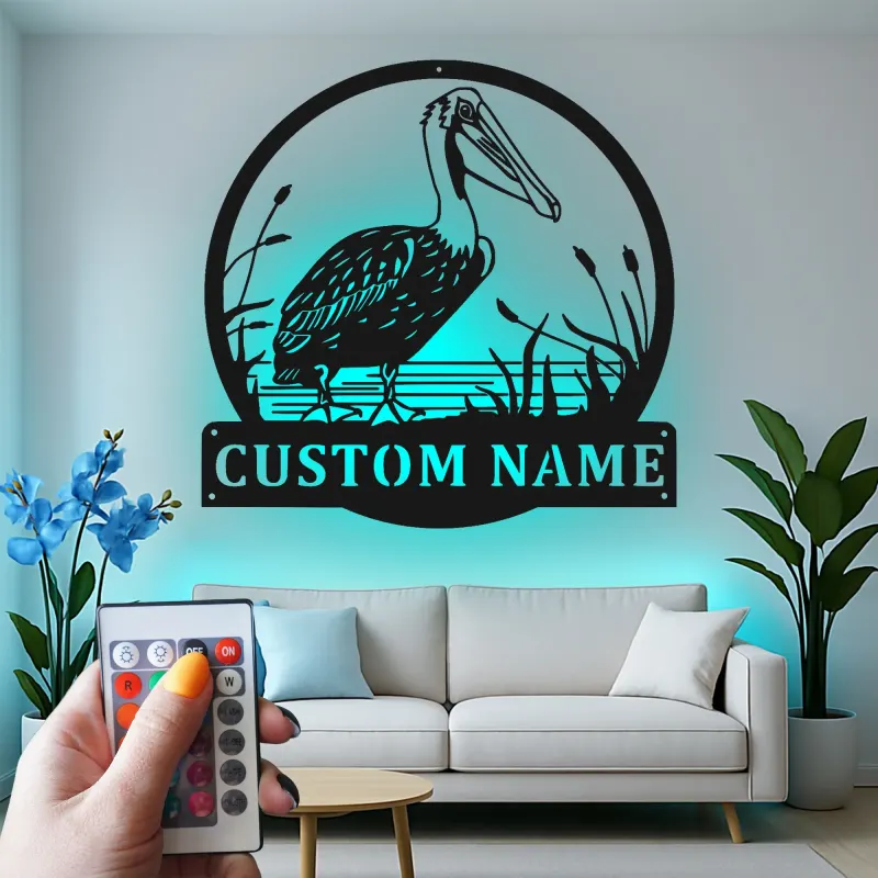 Custom Pelican Metal Sign | LED Light Coastal Wall Art | Personalized Beach House Decor | Nautical Bird Gift