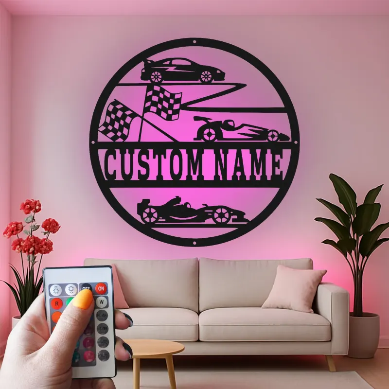Panneau Métal de Voiture de Course Personnalisé | Art Murale LED avec Nom pour Garage | Décor de Formule 1 & Voiture de Sport | Cadeau pour Pilote