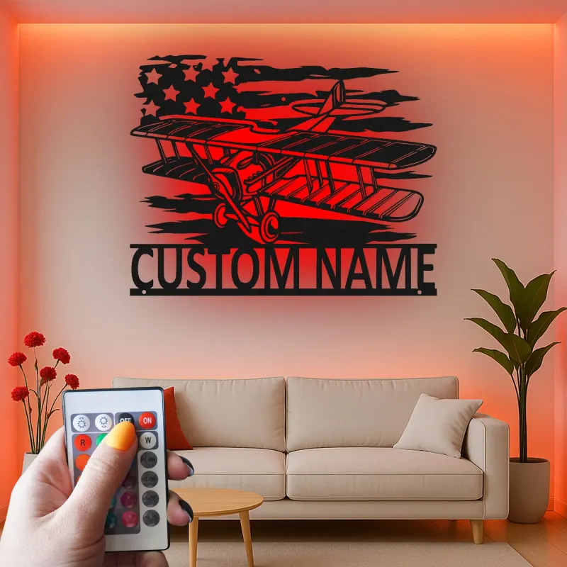 Décoration murale en métal personnalisée avec rétroéclairage - Drapeau américain - Cadeau pour pilote, hangar ou bureau