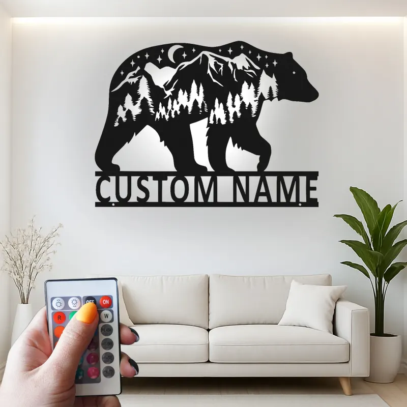 Décoration murale en métal personnalisée avec éclairage LED Forêt d'Ours Cadeau pour Amateurs de Nature Décor de Cabane ou Salon