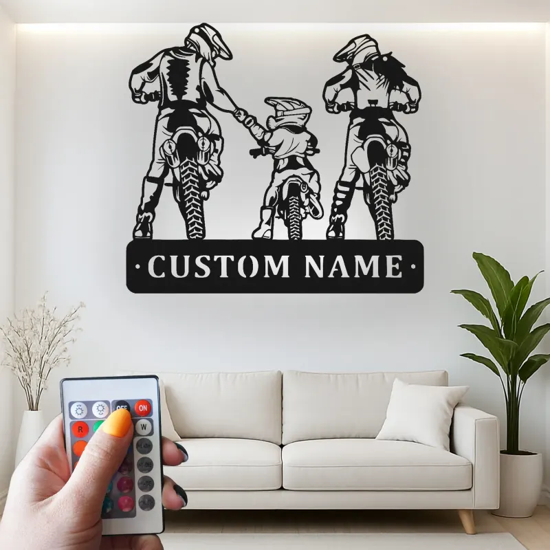 Personalisierte Familien-Motocross-Wandkunst aus Metall mit LED-Licht – Geschenk für Biker, Garage oder Man-Cave-Deko