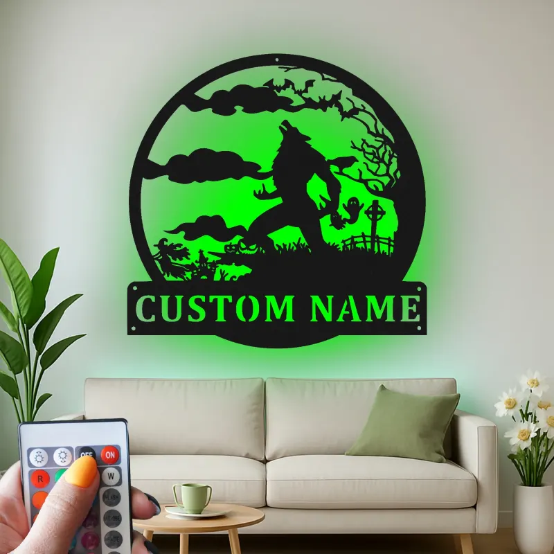 Décoration murale en métal personnalisée avec silhouette de loup-garou, lumière LED, cadeau d'Halloween pour les fans d'horreur, décoration d'intérieur effrayante