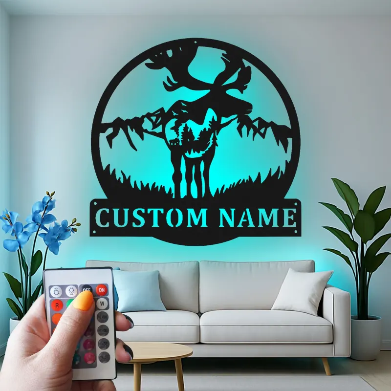Cartel de metal personalizado de alce | Decoración mural de fauna salvaje con luces LED | Decoración rústica para cabaña y regalo para cazadores