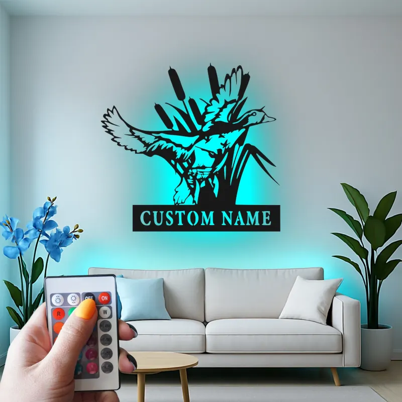 Décoration murale en métal personnalisée avec un canard dans des roseaux en rétroéclairage - Cadeau personnalisé pour les amoureux de la nature, décoration de cabane ou de chalet