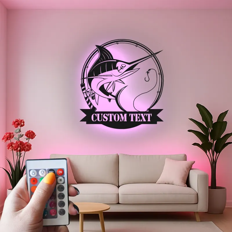 Insegna in Metallo LED Pesce Marlin Personalizzata | Insegna Decorativa per Pesca | Regalo per Pescatore per Man Cave o Cabina
