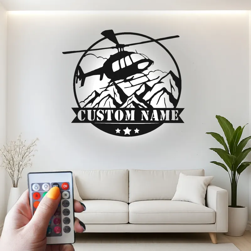 Custom Helicopter Metal Sign with LED | Personalized Pilot Gift | Aviation Wall Art for Office & Man Cave