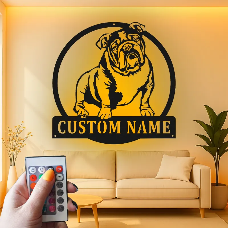 Insegna in metallo LED personalizzata con bulldog - Regalo per amanti dei cani e decorazione per soggiorno