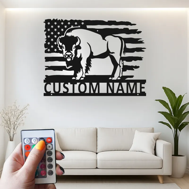 Décoration murale en métal LED personnalisée avec un bison et le drapeau américain - Cadeau patriotique pour lui, décoration rustique pour un homme