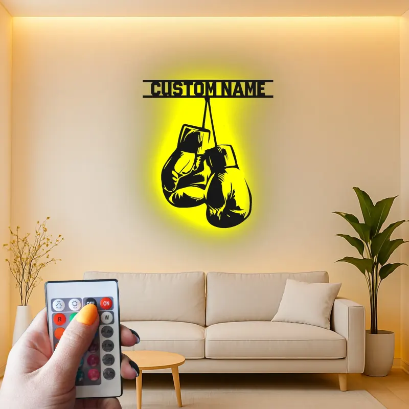 Personalisierte LED-beleuchtete Metall-Wandkunst mit Boxhandschuhen – Geschenk für Boxer, Fitnessstudio oder Männerhöhle 1