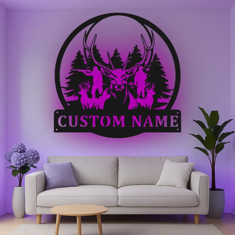 Insegna in metallo personalizzata con luce LED per famiglia di cervi - Regalo personalizzato per cacciatori, decorazione per cabin o lodge