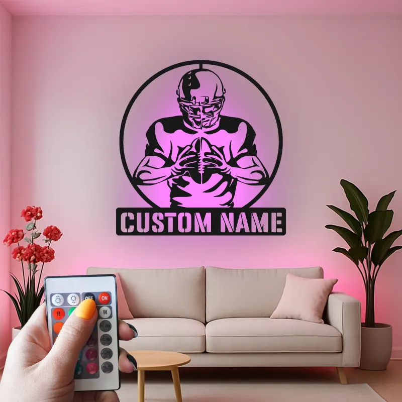 Custom Football Player Metal Sign | Personalized LED Wall Art | Game Room Decor for Boys | Athlete Gift Idea