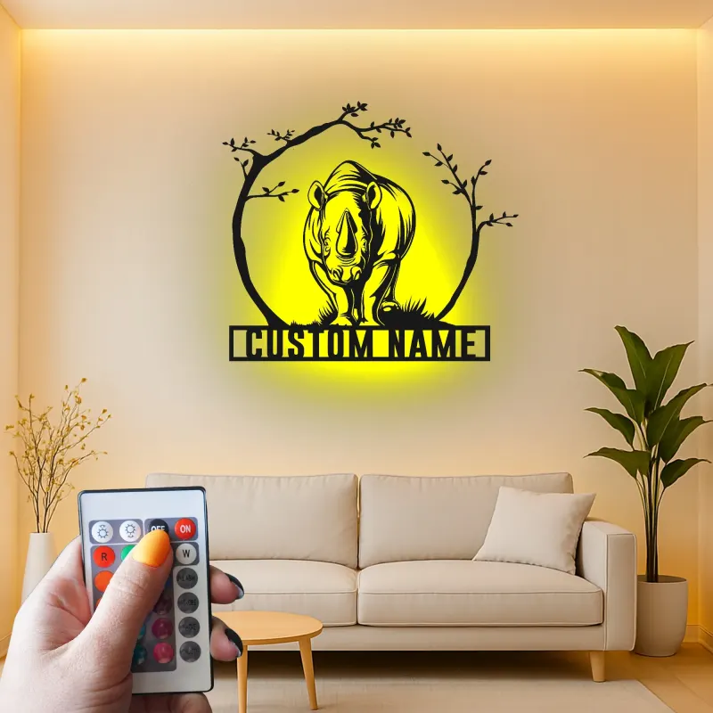 Rhinoceros LED Metal Wall Art | Custom Name Safari Sign | Modern Wildlife Decor for Home & Office