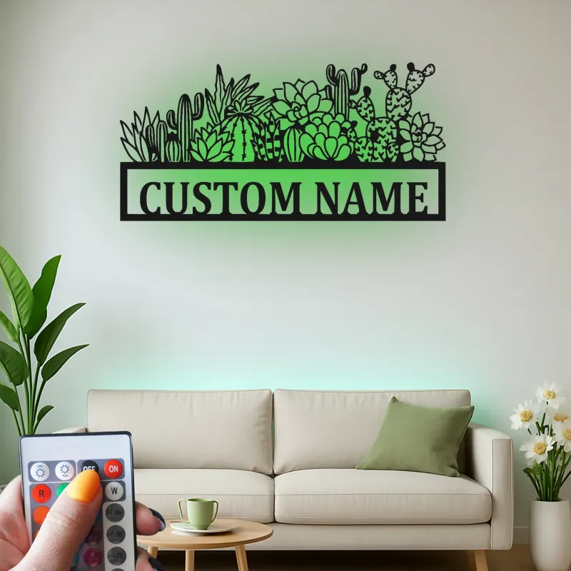 Panneau en métal personnalisé Cactus avec LED | Décoration murale succulente personnalisée pour entreprise | Décor botanique boho désert pour salon ou studio