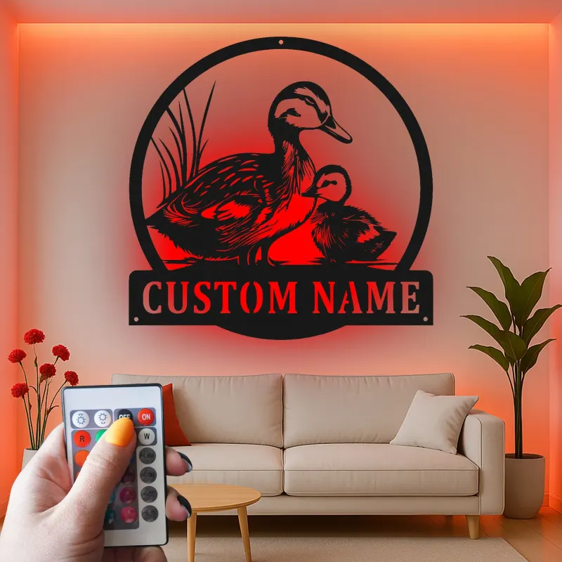 Custom Duck Family Led Light Metal Wall Art Personalized Nature Lover Gift Living Room Wildlife Decor