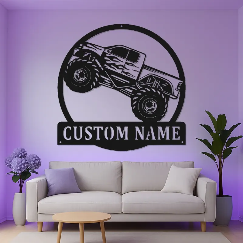 Personalisierte Monstertruck Metall-Schild | LED Licht Wandkunst | Männerzimmer-Dekoration & Geschenk für das Kinderzimmer | Offroad-Fahrzeug-Kunst