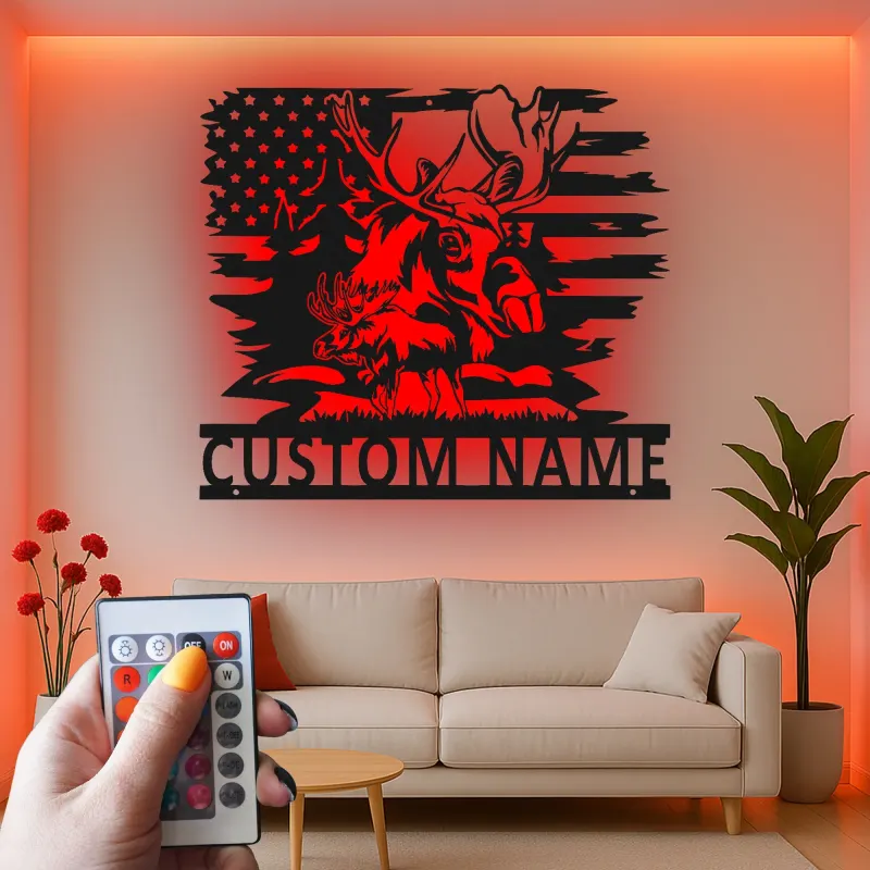 Personalisiertes Elch-Metallschild | LED-Schild mit amerikanischer Flagge | Rustikale Hütten-Dekoration für Jäger & Wildtierliebhaber