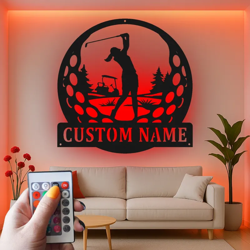 Insegna LED da golf personalizzata | Decorazione murale in metallo su misura per golfisti | Targa con nome per ufficio, home bar e sala sportiva