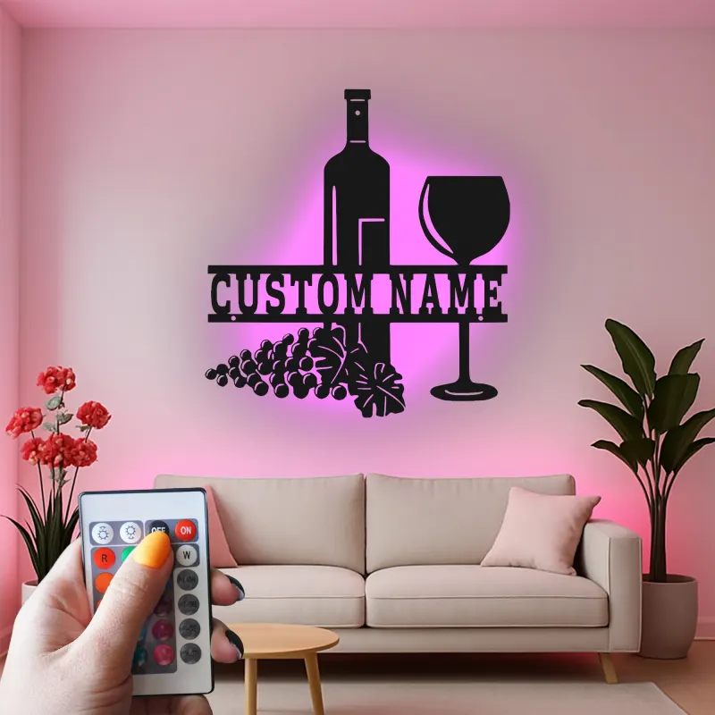 Décoration murale en métal personnalisée pour bouteille et verre de vin avec rétroéclairage LED - Cadeau personnalisé pour les amateurs de vin - Décor de cuisine ou de bar