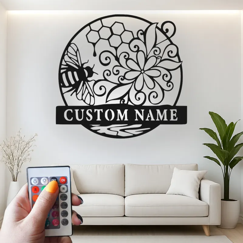 Décoration murale en métal personnalisée Abeille et Rayons de miel avec rétroéclairage pour amoureux de la nature