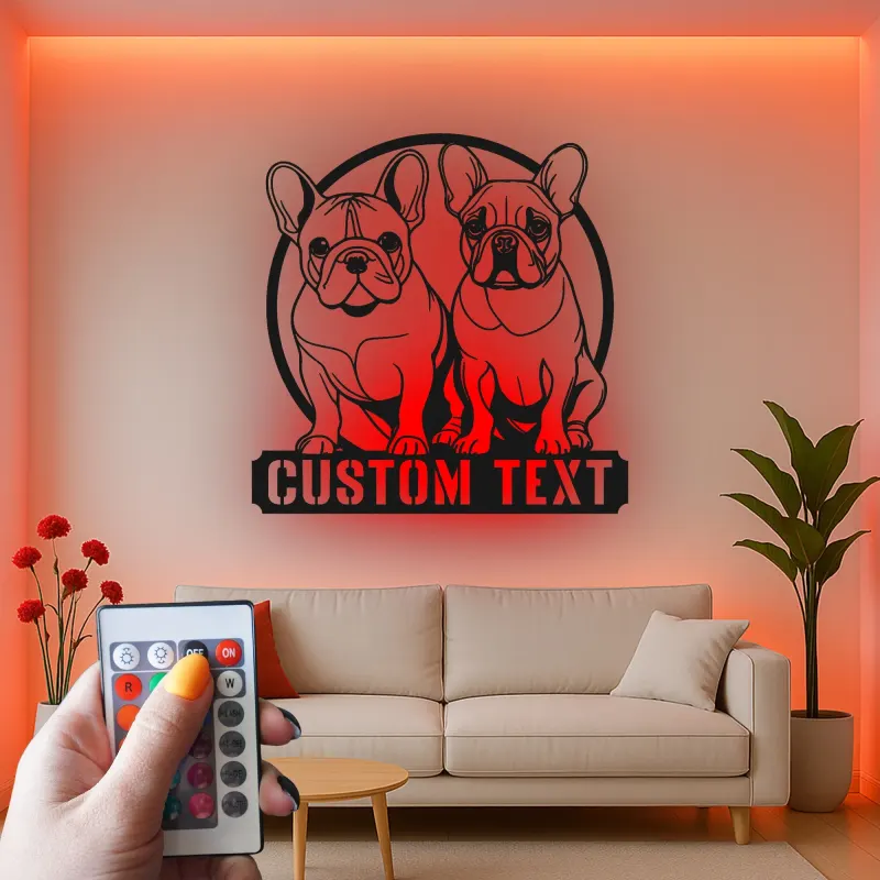 Cartel LED de bulldog francés | Decoración mural de metal personalizada | Regalo para amantes de los perros | Placa con nombre para la pared