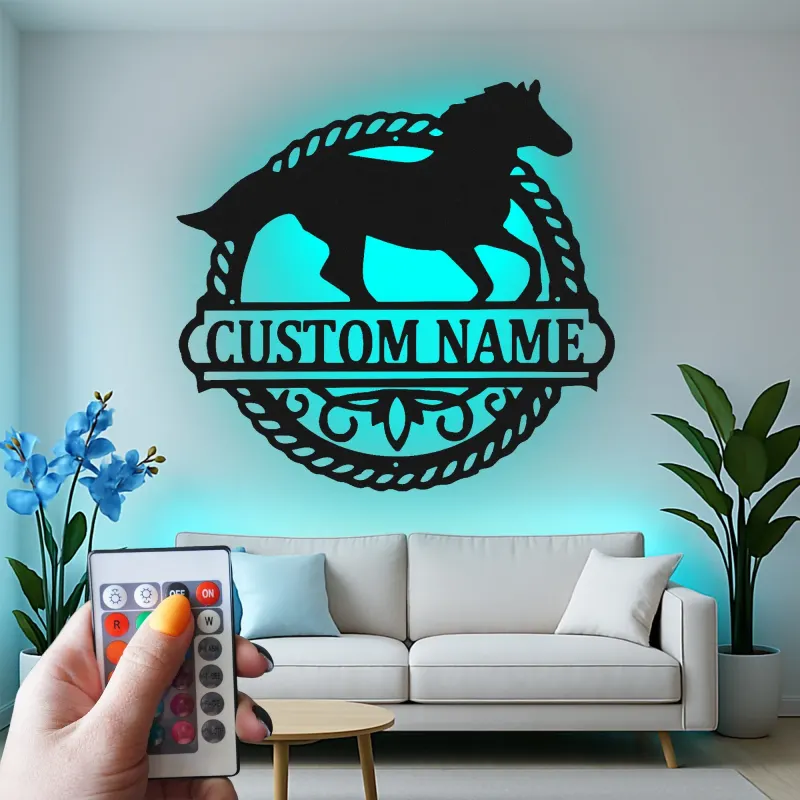 Enseigne LED cheval personnalisée | Décoration murale équestre en métal sur mesure | Déco de box, écurie et ranch | Cadeau pour les amoureux des chevaux