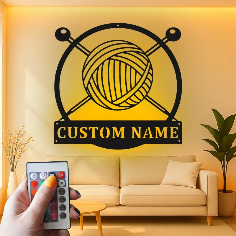 Plaque Métallique Personnalisée Pelote de Laine | Cadeau pour Tricoteur | Décor LED pour Atelier | Art Mural Tricot