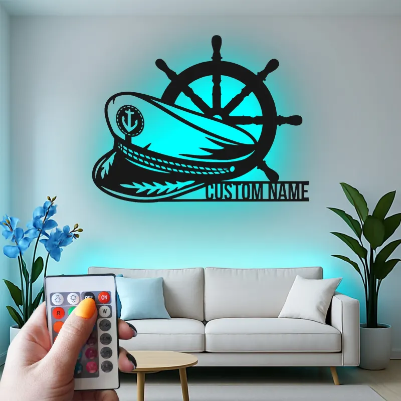 Décoration murale en métal personnalisée Roue du Capitaine avec rétroéclairage pour les amoureux de la mer