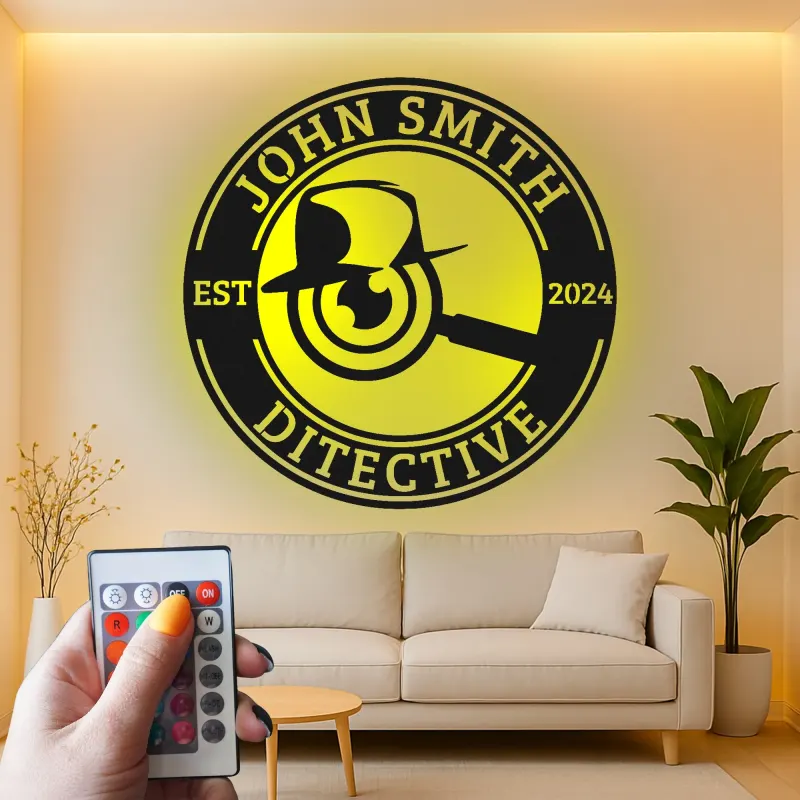 Cartel de metal LED de placa de detective, regalo único para amantes del misterio, decoración de oficina o estudio
