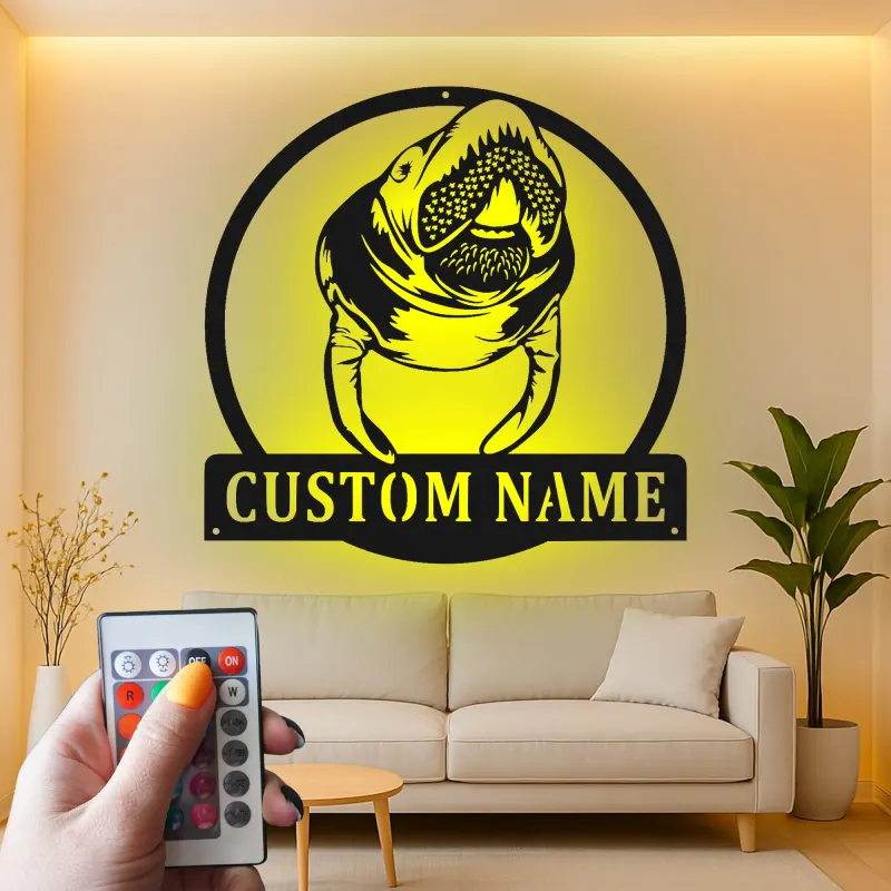 Manatee LED Metal Wall Art | Personalized Sea Cow Name Sign | Custom Nautical Decor for Beach House & Ocean Lovers