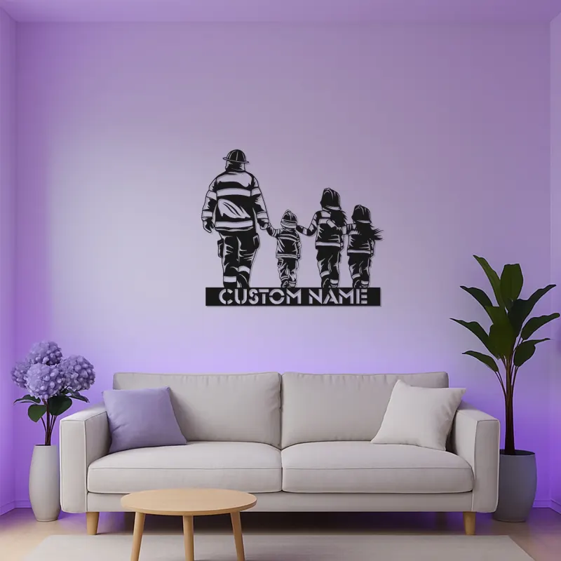 Insegna personalizzata per famiglia di vigili del fuoco | Arte murale LED in metallo | Regalo su misura per papà pompiere | Arredo per caserma