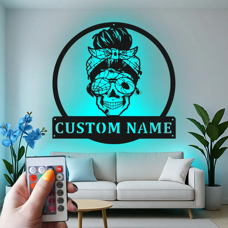 Cartel LED de Mujer Calavera Personalizado | Decoración Mural de Metal Gótica Personalizada | Decoración Retro con Nombre para Ella