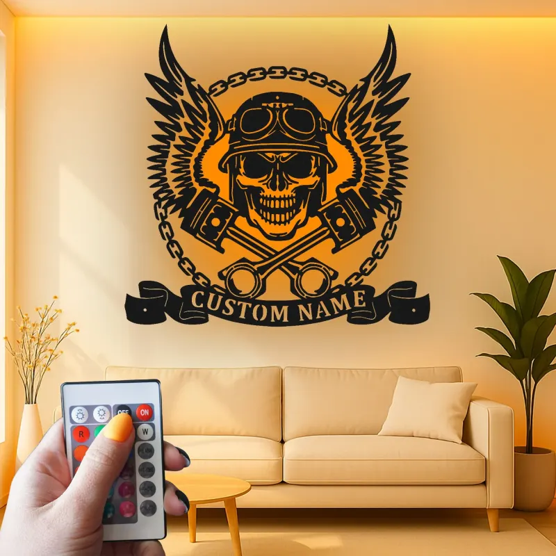 Cartel de garaje personalizado para moteros | Arte mural de calavera de metal LED | Decoración personalizada para motocicletas en el man cave o taller