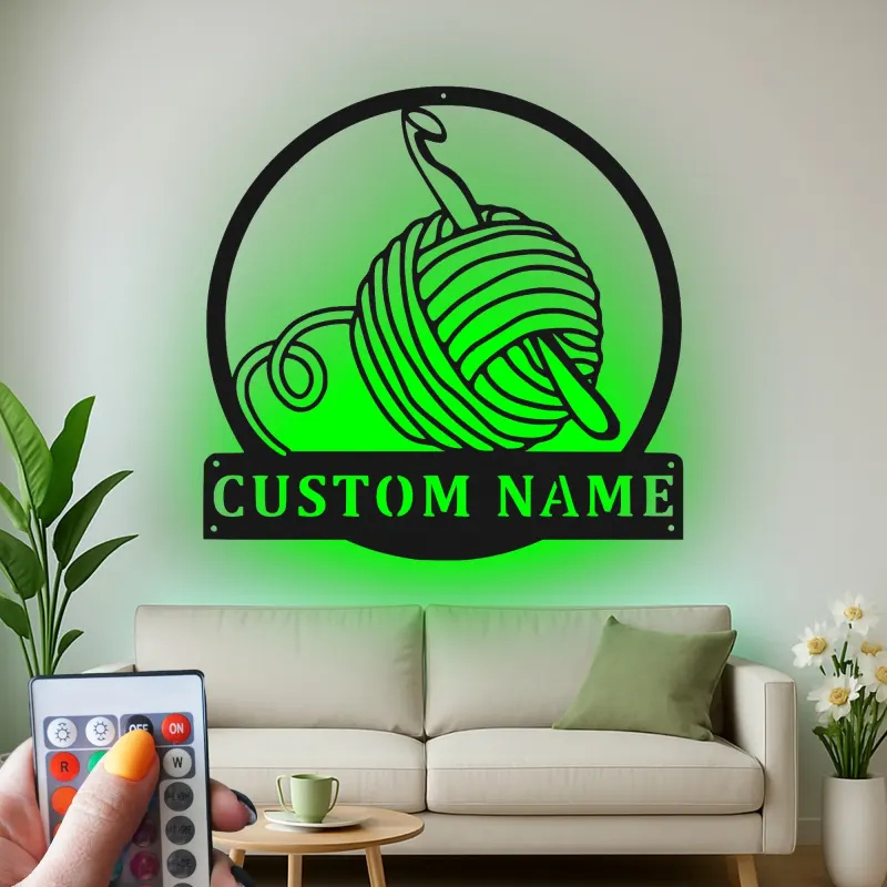 Custom Yarn and Crochet Hook Led Light Metal Wall Art Knitting Gift for Crafters Craft Room Decor