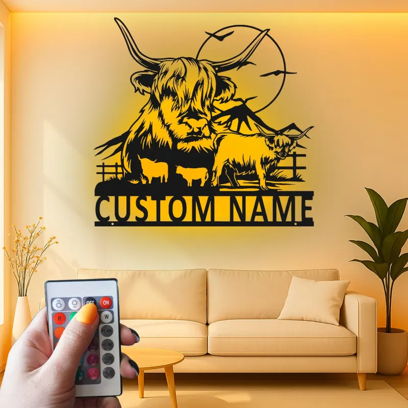 Highland Cow Metal Wall Art | Custom LED Sign for Farmhouse Decor | Personalized Ranch Home Gift for Cow Lovers