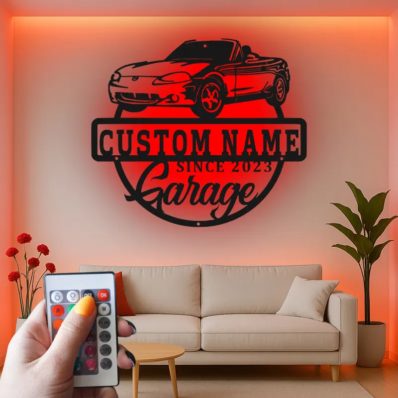 Décoration murale en métal personnalisée avec rétroéclairage LED pour voiture décapotable - Cadeau personnalisé pour les passionnés de voitures