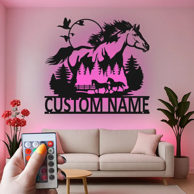 Enseigne cheval en métal avec LED | Décoration murale équestre personnalisée | Décor de ranch, grange et écurie | Cadeau pour amoureux des chevaux