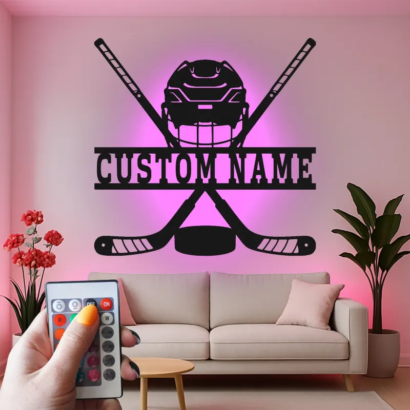 Enseigne personnalisée de hockey | Décoration murale LED en métal | Déco personnalisée pour joueur, salle de jeux | Cadeau fan de sport