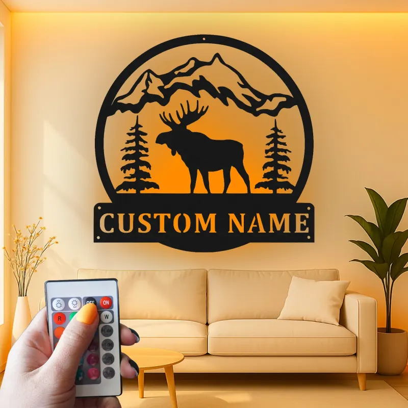 Insegna in metallo Bull Moose personalizzata | Arte murale illuminata con LED della fauna selvatica | Decorazione rustica per cabin | Regalo personalizzato per lodge