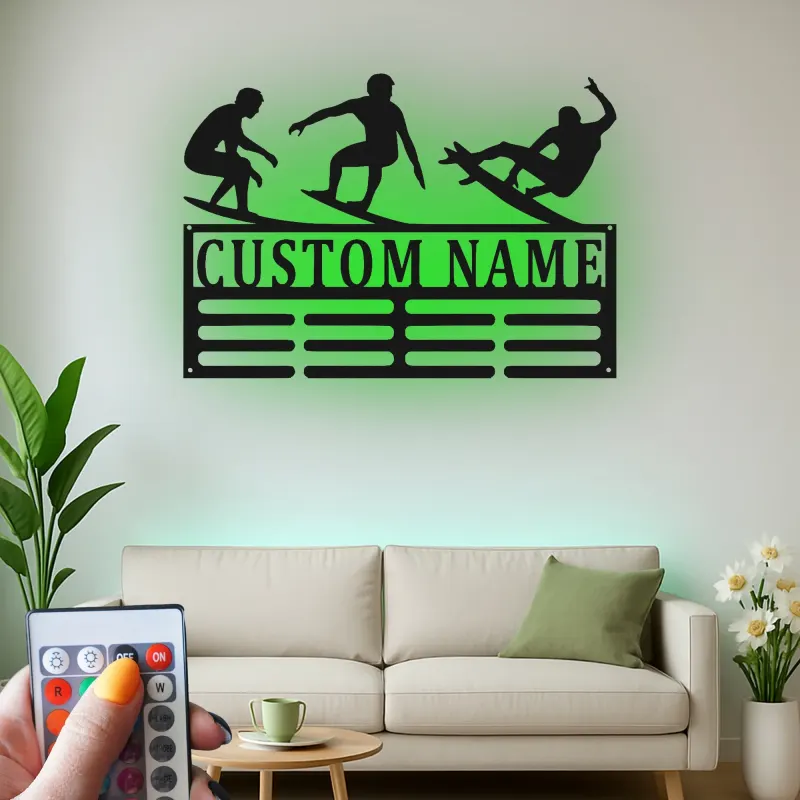 Panneau LED surfeur personnalisé | Art mural en métal personnalisé | Décoration de maison de plage et éclairage côtier | Cadeau pour amateur de surf