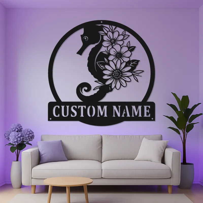 Insegna Personalizzata con Cavalluccio Marino | Insegna in Metallo LED | Decorazione Costiera per Casa al Mare | Regalo per Amante del Mare