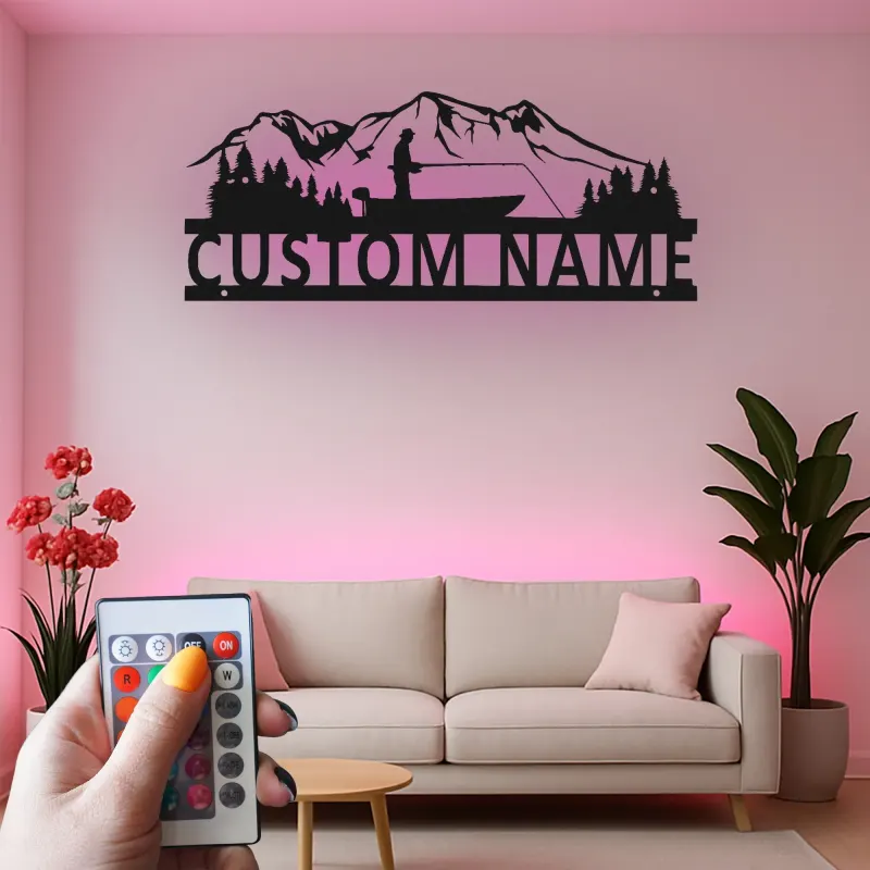 Décoration murale LED en métal pour pêcheur personnalisée | Plaque au prénom du pêcheur pour maison de lac | Cadeau pour amateur de plein air