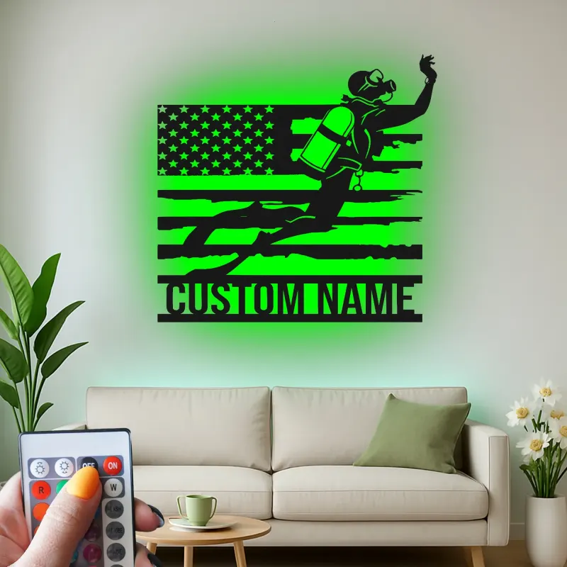 Scuba Diver American Flag LED Art | Personalized Metal Wall Decor | Custom Name Sign for Divers | Nautical Gift