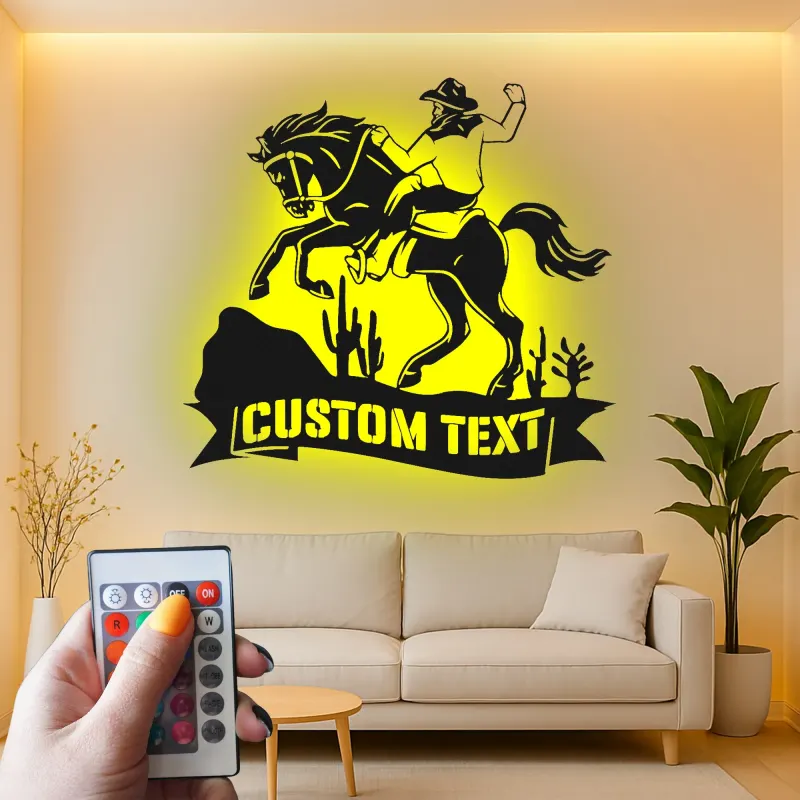Décoration murale en métal personnalisée de cowboy sur cheval avec rétroéclairage - Cadeau western pour lui - Décor de ranch rustique