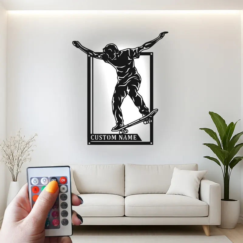 Insegna LED personalizzata per skateboarder | Arte da parete in metallo personalizzata | Decorazione per camera dei ragazzi e man cave | Regalo per skater